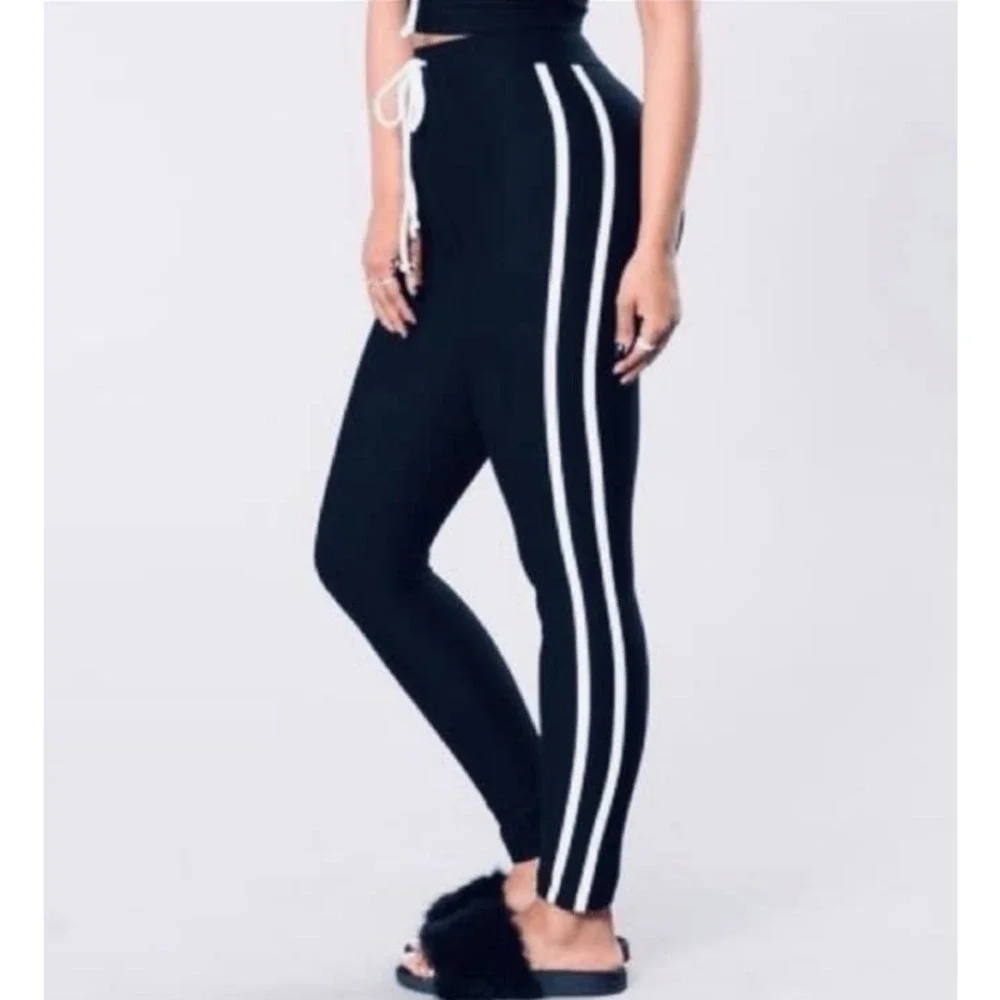Fashion Nova Black Double White Striped Casual Active High Waisted Leggings - Picture 10 of 15